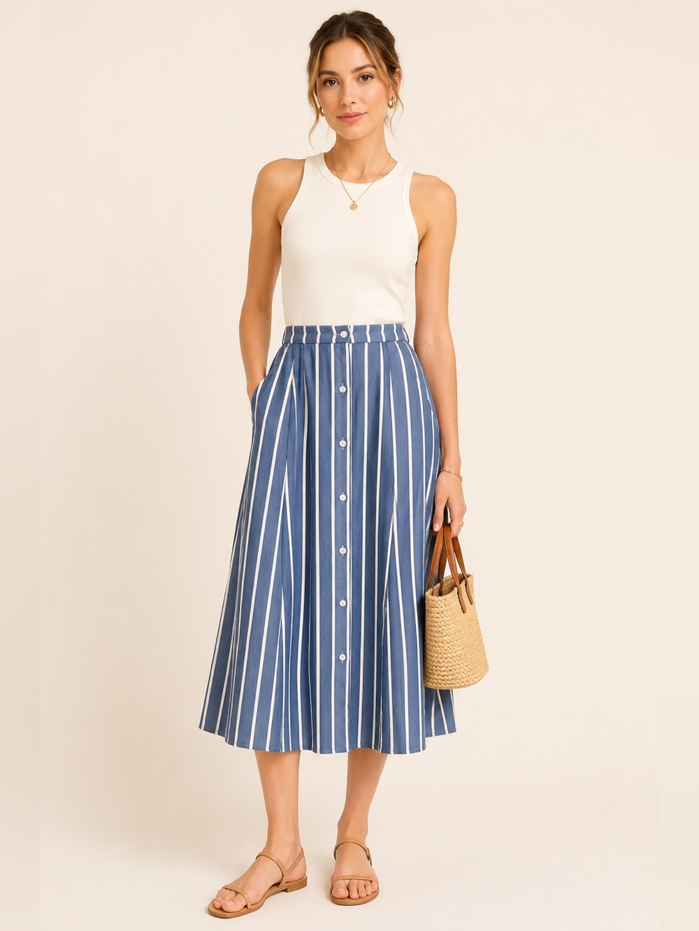 Listicle Blue White Stripe Button Front Midi Skirt Size S High Waist A-Line